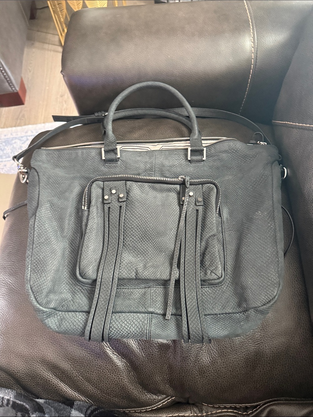 She+Lo Next Chapter Genuine Leather Satchel Handbag Adjustable Straps Black/Grey